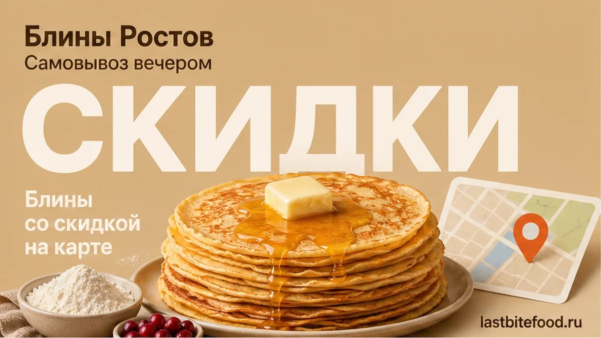 Блин и пин карты на тёплом фоне со словом СКИДКИ: самовывоз в Ростове-на-Дону