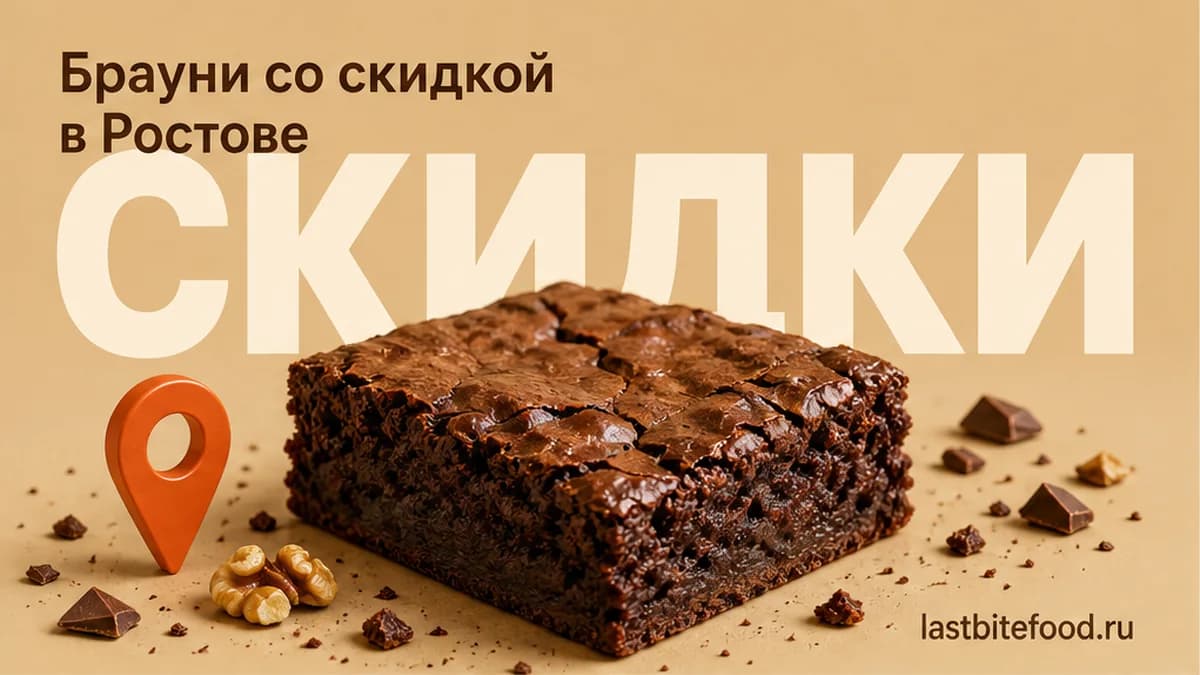 Кусок брауни и пин карты на тёплом фоне со словом СКИДКИ: самовывоз в Ростове-на-Дону