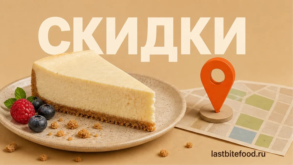 Ломтик чизкейка и пин карты на тёплом фоне со словом СКИДКИ: самовывоз в Ростове-на-Дону