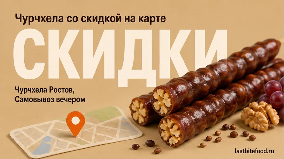 Порция чурчхелы и пин карты на тёплом фоне со словом СКИДКИ: чурчхела в Ростове-на-Дону со скидкой и самовывозом