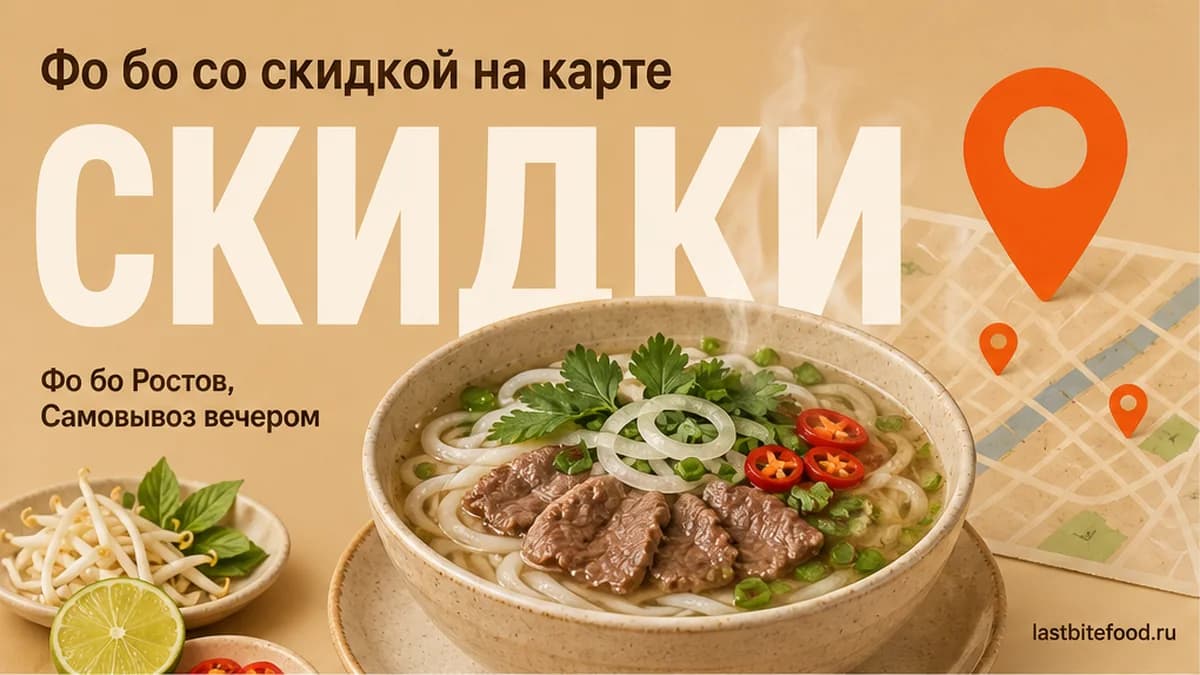 Миска фо бо и пин карты на тёплом фоне со словом СКИДКИ: самовывоз в Ростове-на-Дону