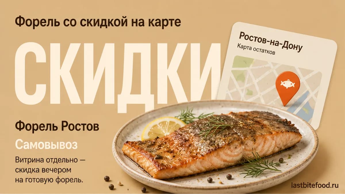 Форель на тарелке и пин карты на тёплом фоне со словом СКИДКИ: форель в Ростове-на-Дону со скидкой и самовывозом