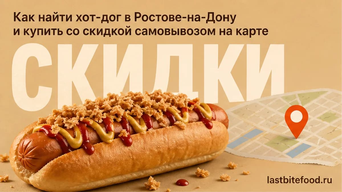 Хот-дог с пином карты и словом СКИДКИ: хот-дог в Ростове-на-Дону со скидкой и самовывозом