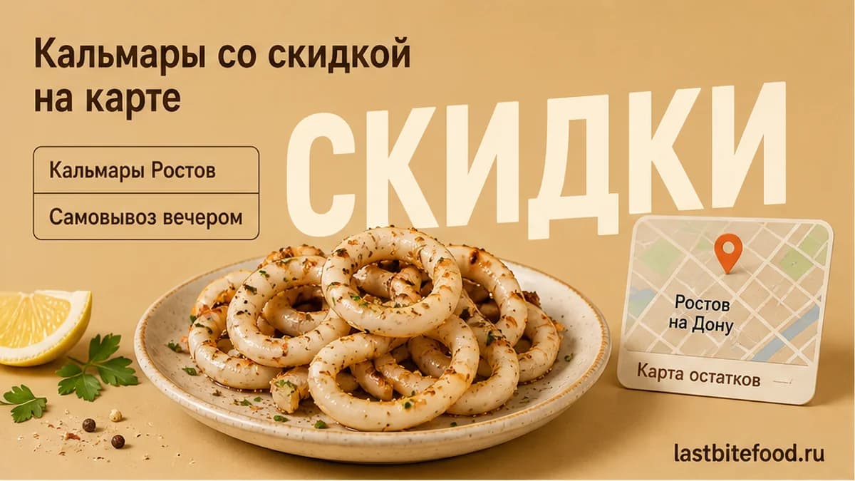 Порция кальмаров и пин карты на тёплом фоне со словом СКИДКИ: кальмары в Ростове-на-Дону со скидкой и самовывозом