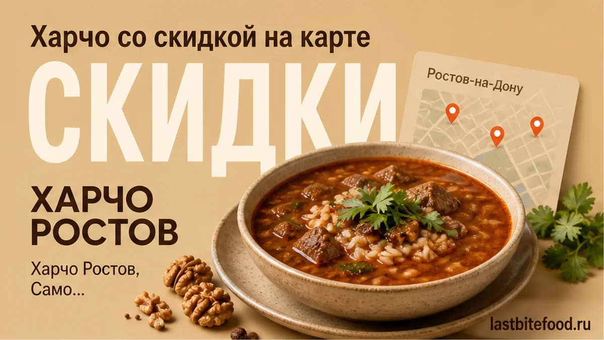 Миска харчо с пином карты и словом СКИДКИ: харчо в Ростове-на-Дону со скидкой и самовывозом