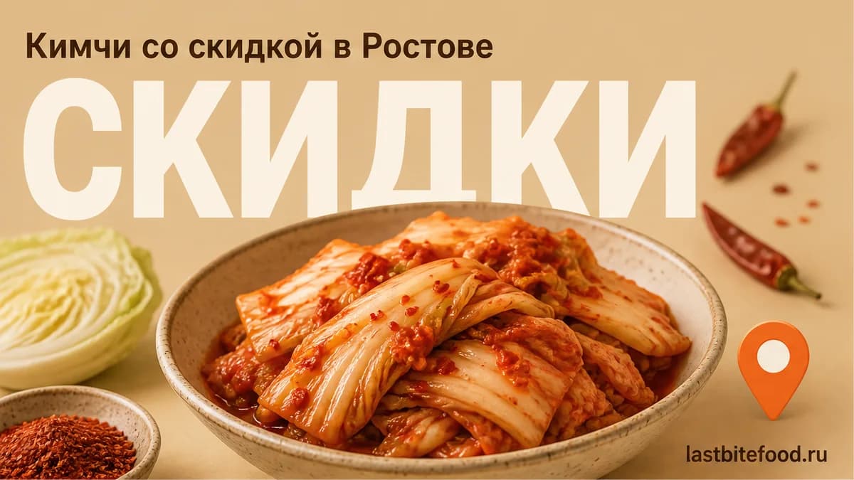 Миска кимчи и пин карты на теплом фоне со словом СКИДКИ: кимчи в Ростове-на-Дону со скидкой и самовывозом