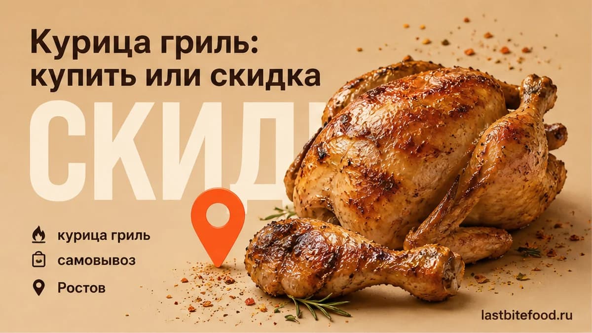 Курица гриль на тёплом фоне со словом СКИДКИ и пином карты самовывоза в Ростове-на-Дону