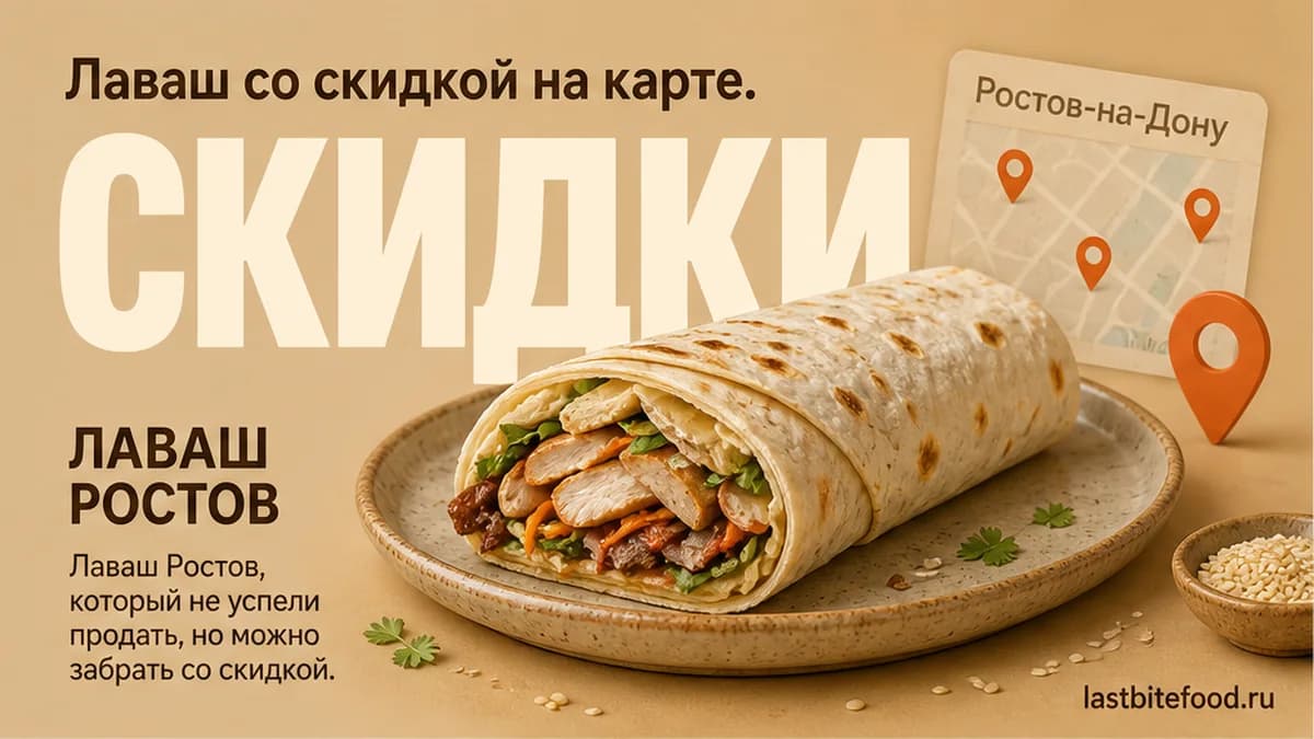 Ролл в лаваше и пин карты на тёплом фоне со словом СКИДКИ: лаваш со скидкой в Ростове-на-Дону