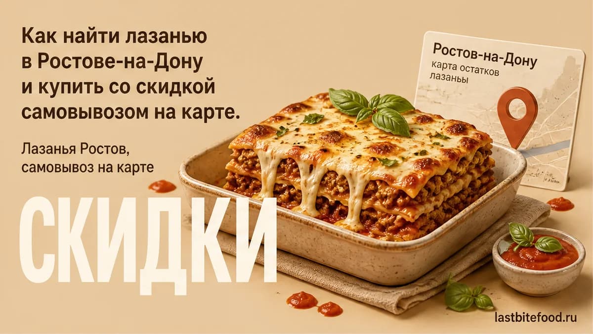 Порция лазаньи и пин карты на тёплом фоне со словом СКИДКИ: самовывоз в Ростове-на-Дону