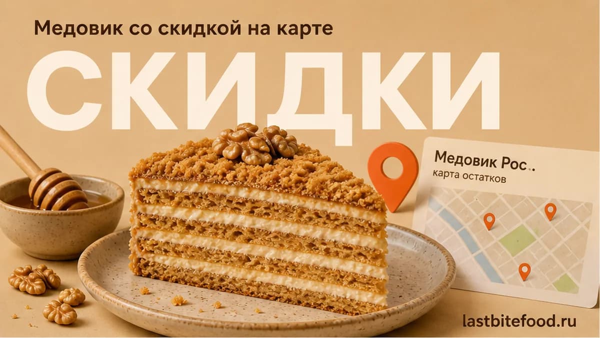 Кусок медовика и пин карты на тёплом фоне со словом СКИДКИ: медовик в Ростове-на-Дону со скидкой и самовывозом