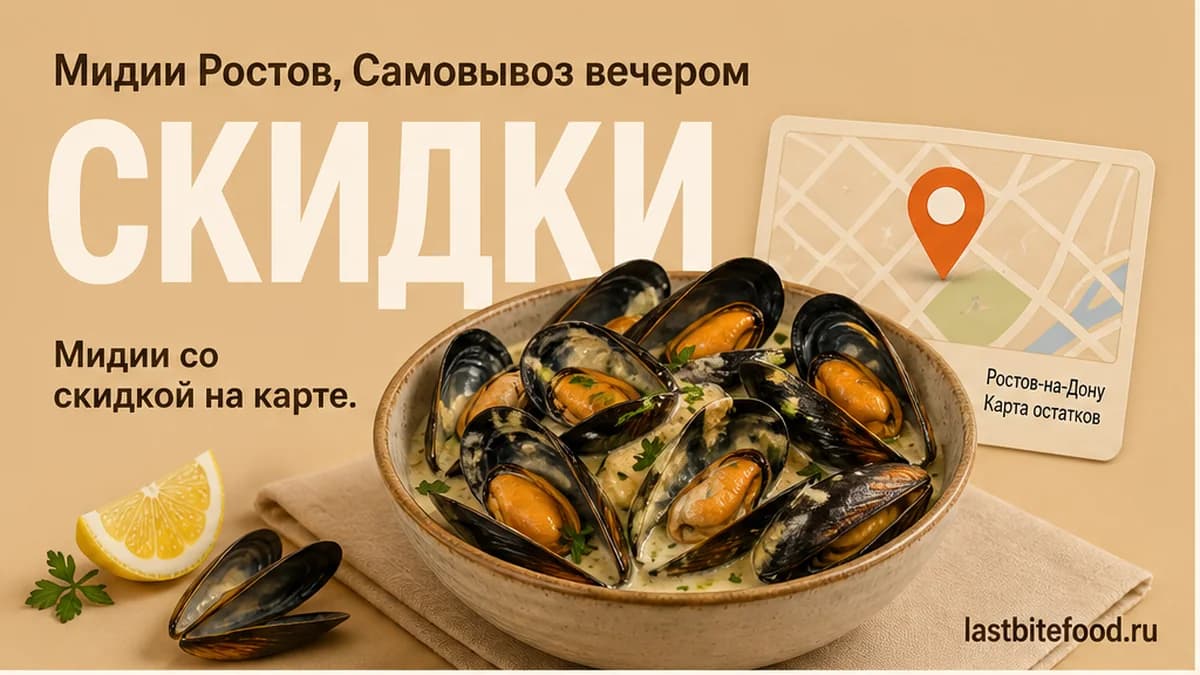 Миска мидий в соусе и пин карты на тёплом фоне со словом СКИДКИ: готовые со скидкой в Ростове-на-Дону