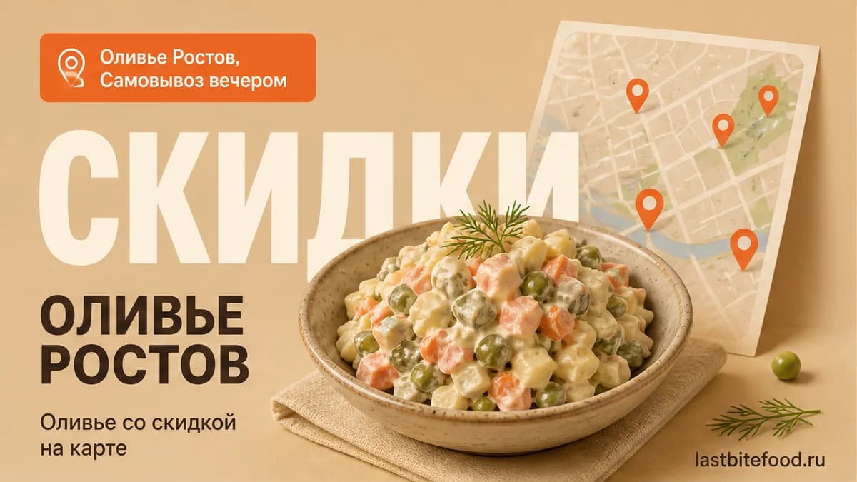 Миска оливье с пином карты и словом СКИДКИ: оливье в Ростове-на-Дону со скидкой и самовывозом