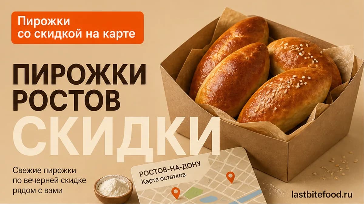 Пирожки и пин карты на тёплом фоне со словом СКИДКИ: самовывоз в Ростове-на-Дону