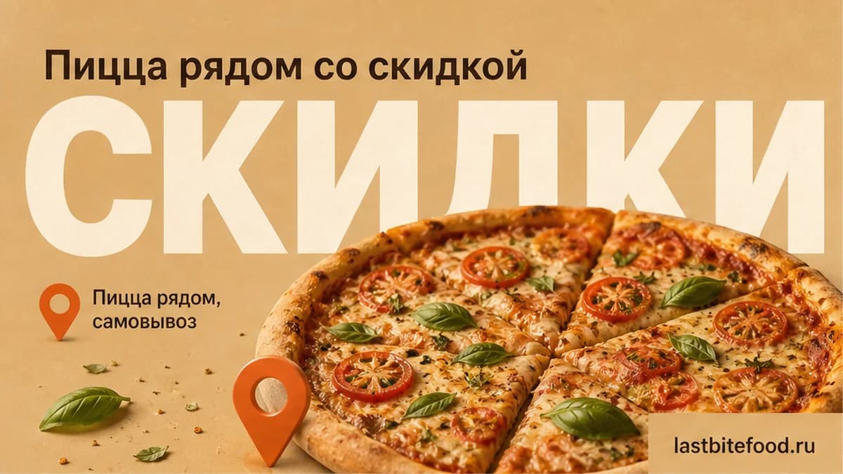 Пицца и пин карты на тёплом фоне со словом СКИДКИ: самовывоз вечерней скидки в Ростове-на-Дону