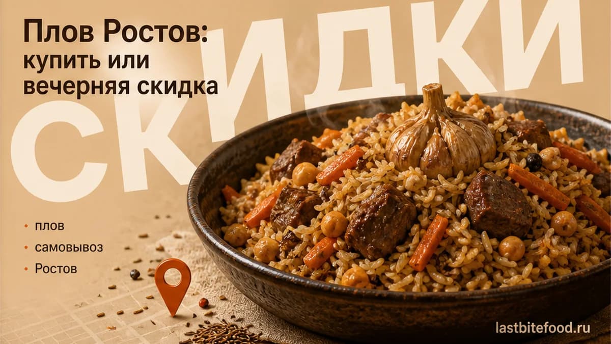 Порция плова и пин карты на тёплом фоне со словом СКИДКИ: самовывоз в Ростове-на-Дону