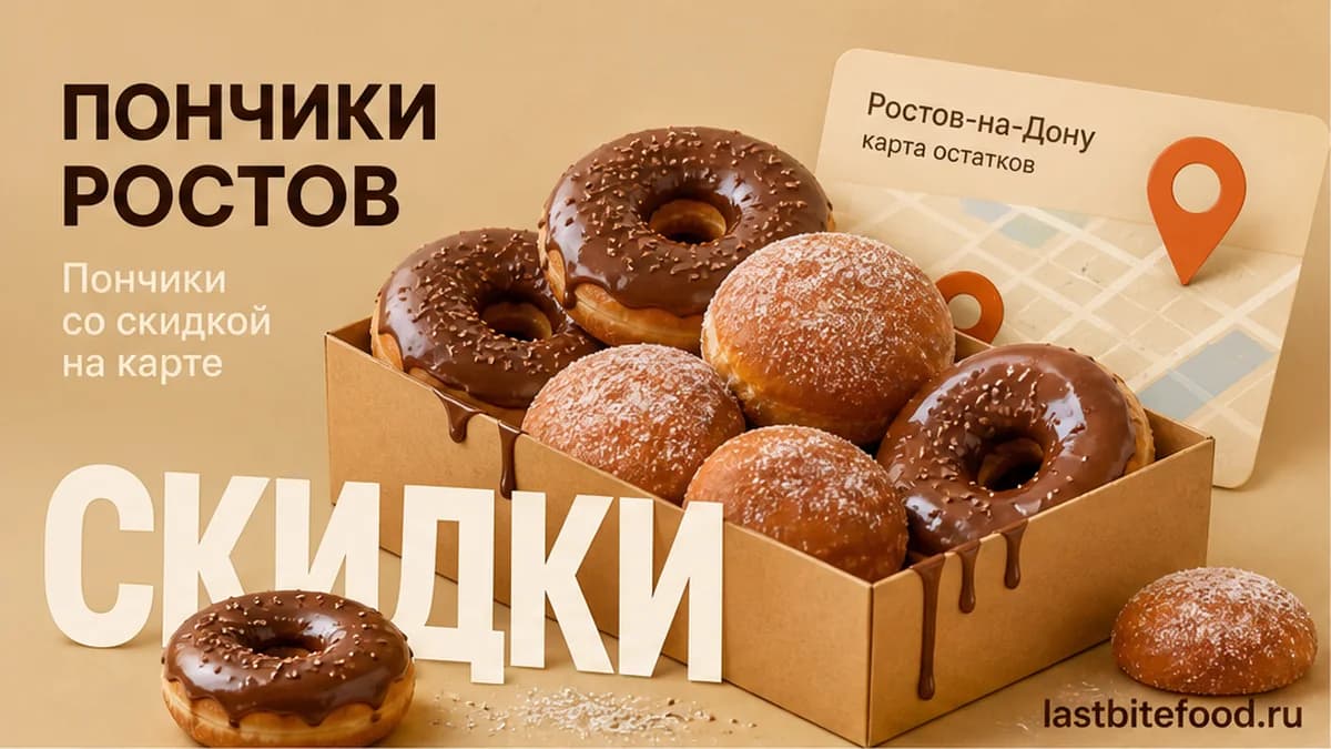 Пончики и пин карты на тёплом фоне со словом СКИДКИ: самовывоз в Ростове-на-Дону