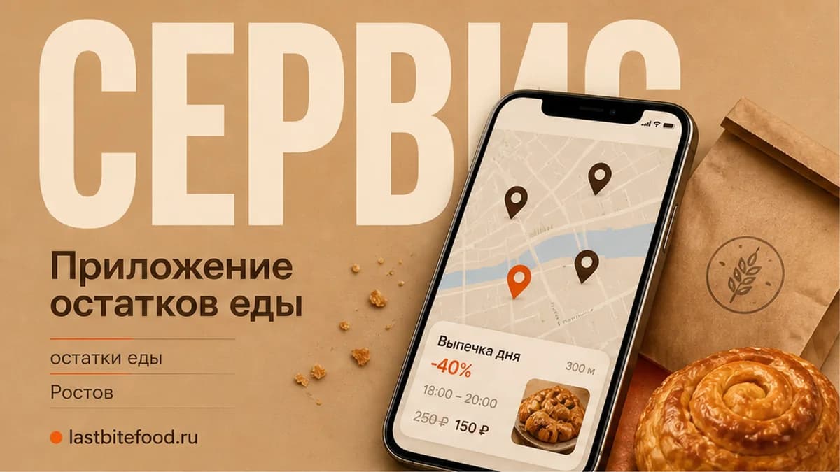 Смартфон-предмет и пакет выпечки, слово СКИДКИ сзади: приложение остатков еды