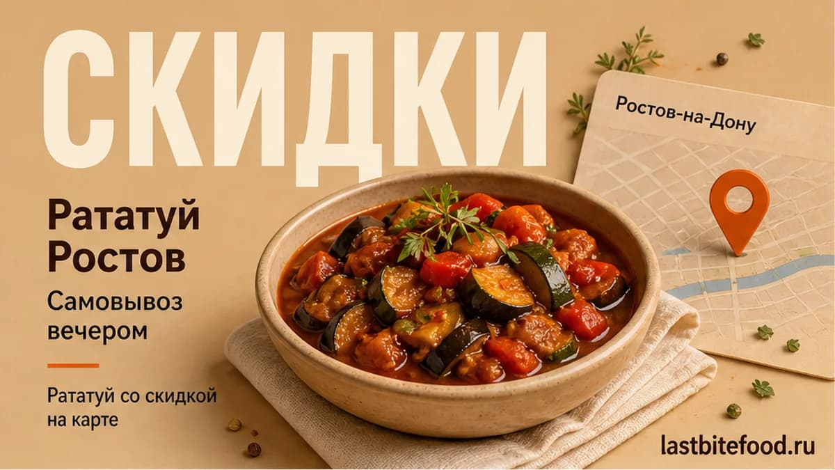 Миска рататуя и пин карты на тёплом фоне со словом СКИДКИ: самовывоз в Ростове-на-Дону