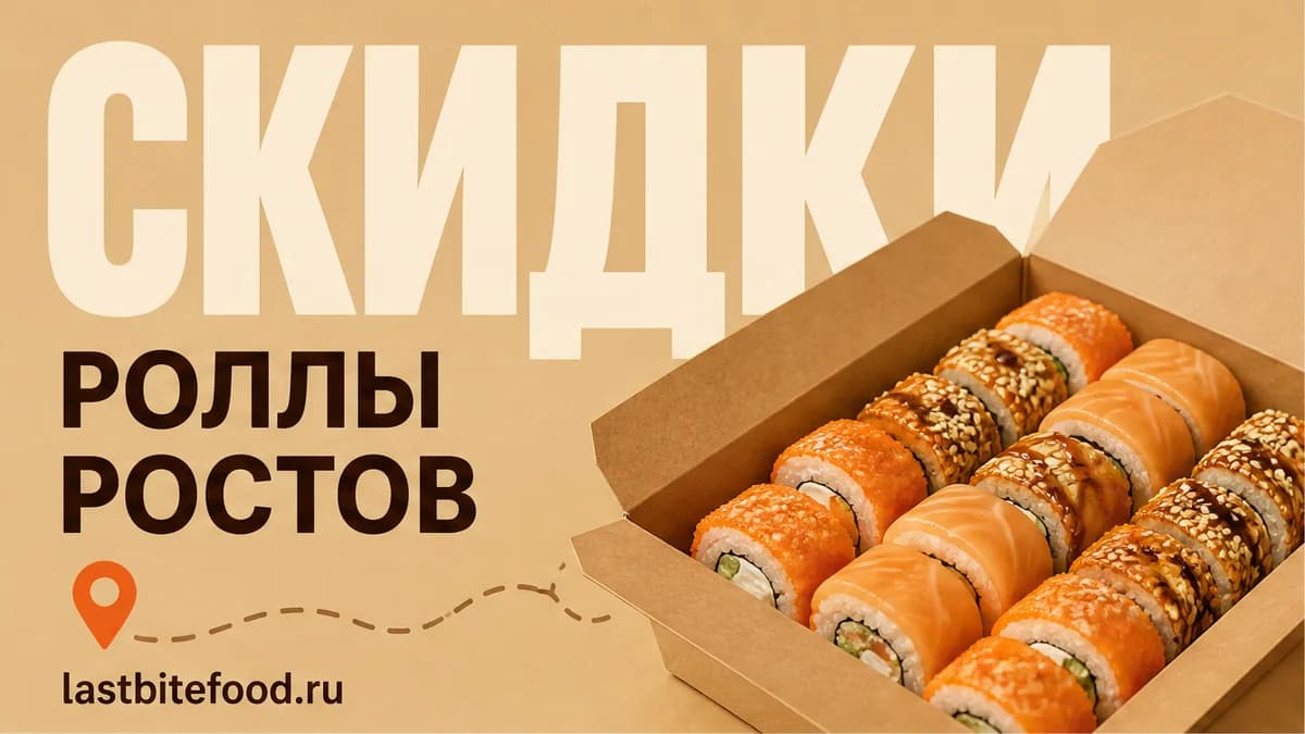 Роллы и пин карты на тёплом фоне со словом СКИДКИ: самовывоз в Ростове-на-Дону