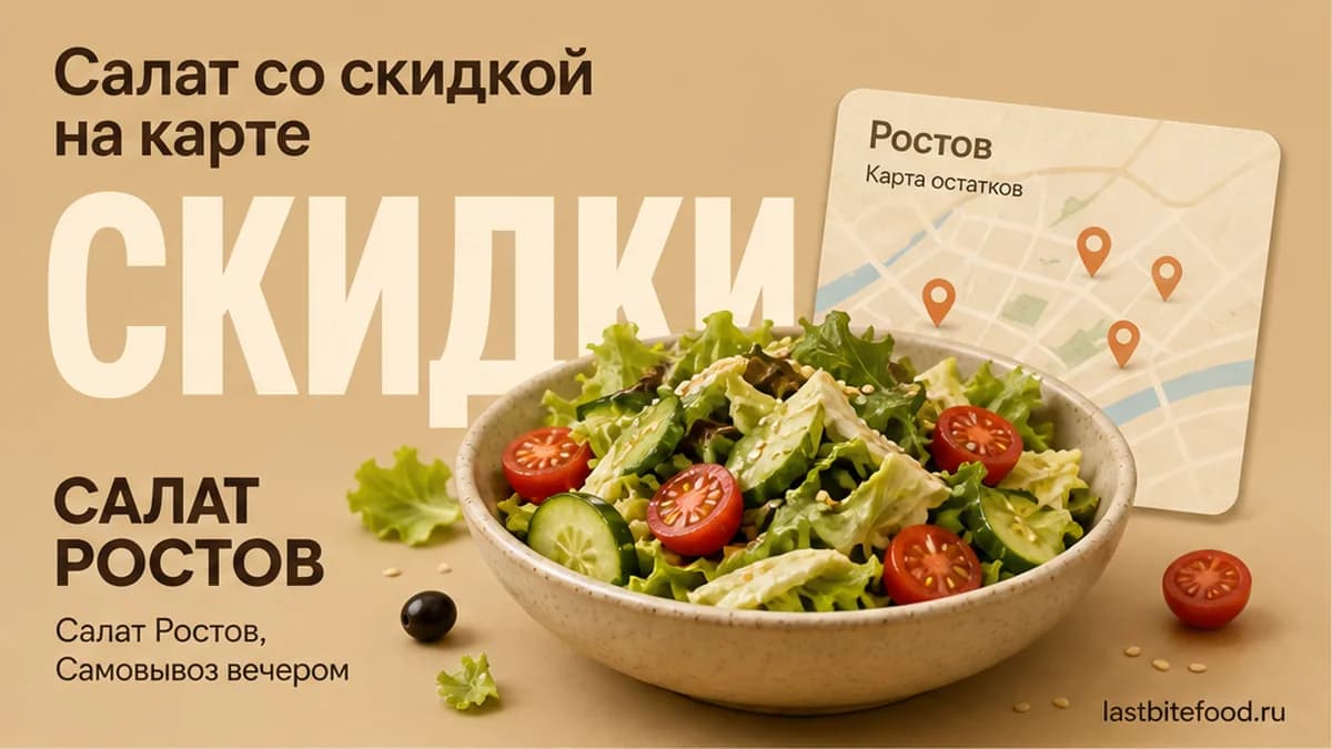 Миска салата и пин карты на тёплом фоне со словом СКИДКИ: самовывоз в Ростове-на-Дону