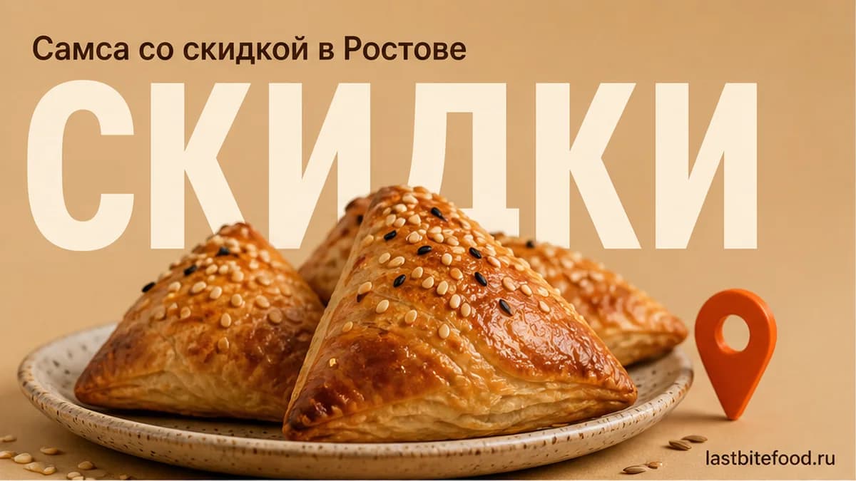 Самса на тарелке и пин карты на тёплом фоне со словом СКИДКИ: самса со скидкой в Ростове-на-Дону