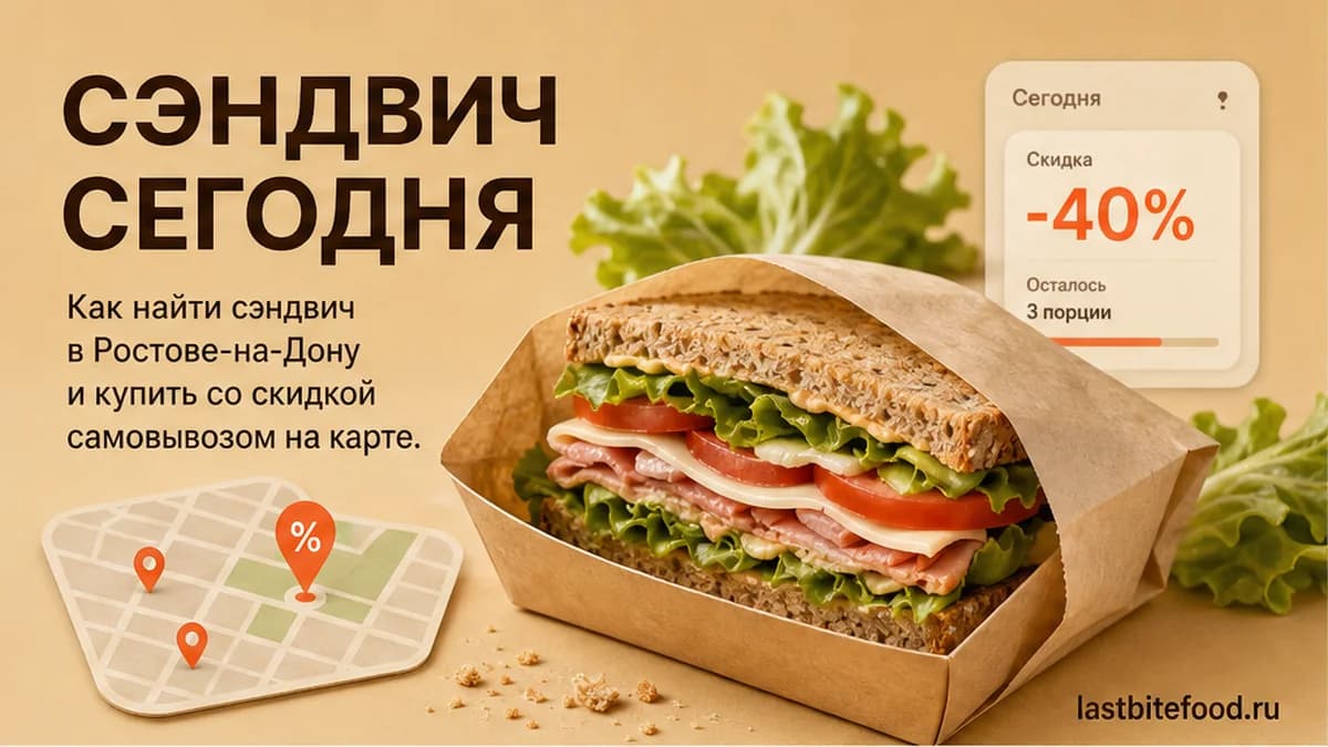 Сэндвич и пин карты на тёплом фоне со словом СКИДКИ: самовывоз в Ростове-на-Дону