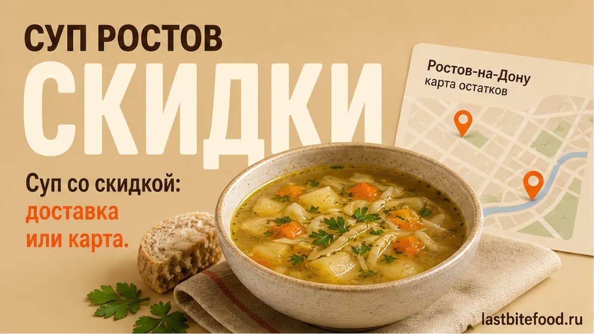 Миска супа и пин карты на тёплом фоне со словом СКИДКИ: доставка или самовывоз в Ростове-на-Дону