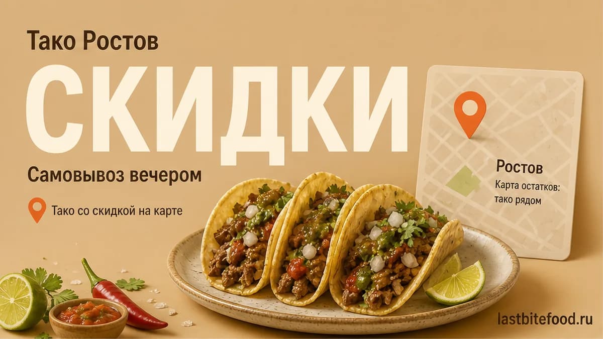 Порция тако и пин карты на тёплом фоне со словом СКИДКИ: тако в Ростове-на-Дону со скидкой и самовывозом