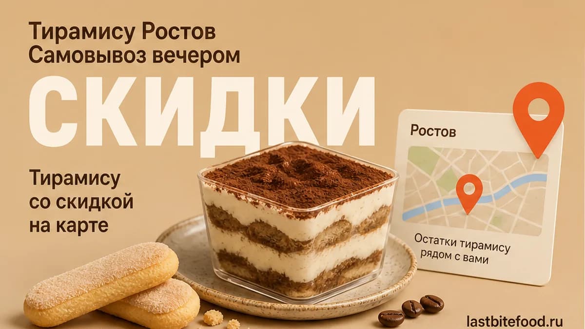 Порция тирамису и пин карты на тёплом фоне со словом СКИДКИ: самовывоз в Ростове-на-Дону