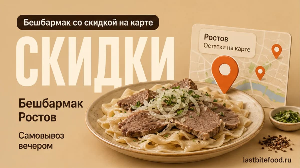 Порция бешбармака и пин карты на тёплом фоне со словом СКИДКИ: бешбармак со скидкой в Ростове-на-Дону
