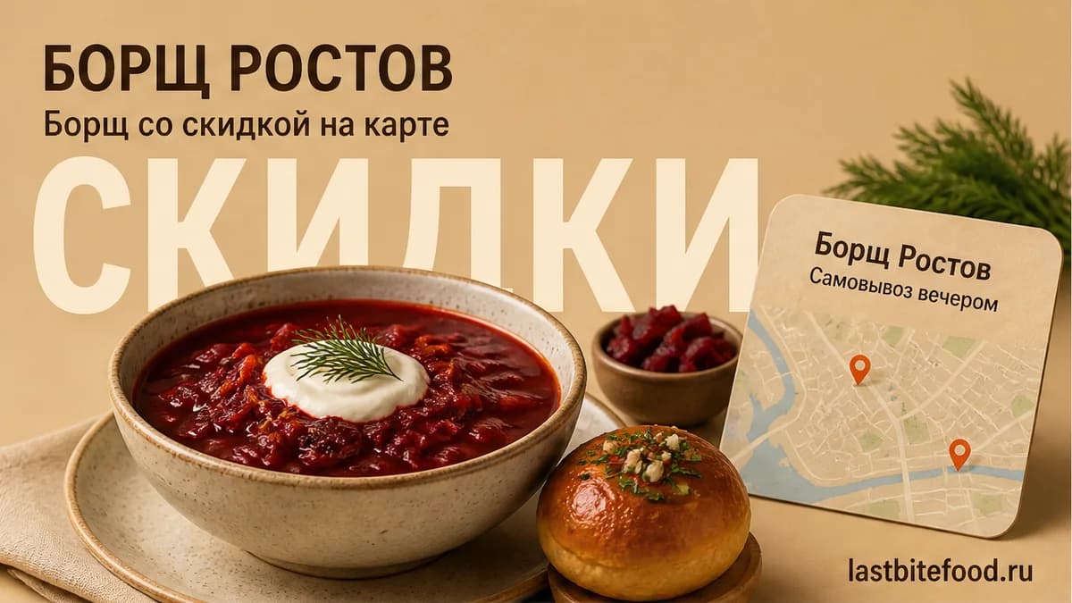 Миска борща с пином карты и словом СКИДКИ: борщ в Ростове-на-Дону со скидкой и самовывозом