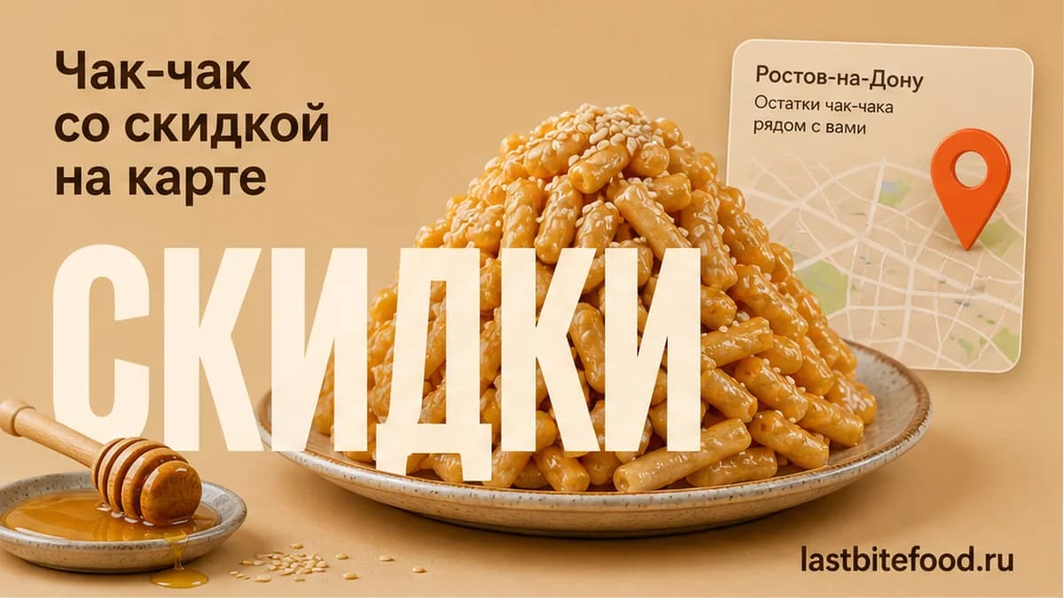Порция чак-чака и пин карты на тёплом фоне со словом СКИДКИ: чак-чак в Ростове-на-Дону со скидкой и самовывозом