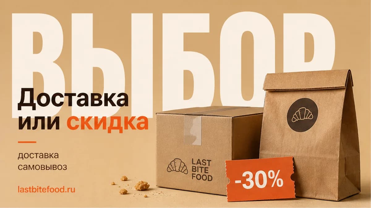 Два сценария предметами: пакет самовывоза и доставка, слово СКИДКИ сзади
