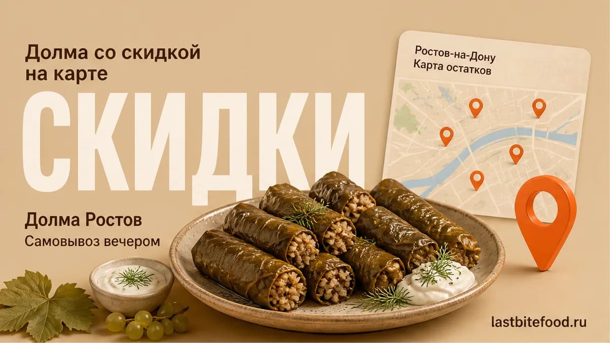Порция долмы и пин карты на тёплом фоне со словом СКИДКИ: готовая долма со скидкой в Ростове-на-Дону