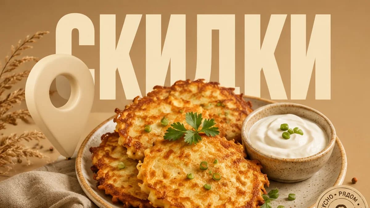 Тарелка драников и пин карты на тёплом фоне со словом СКИДКИ: самовывоз в Ростове-на-Дону