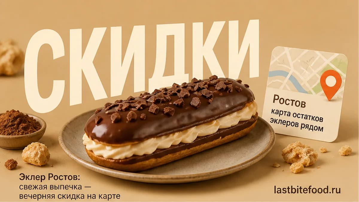 Эклер и пин карты на тёплом фоне со словом СКИДКИ: самовывоз в Ростове-на-Дону