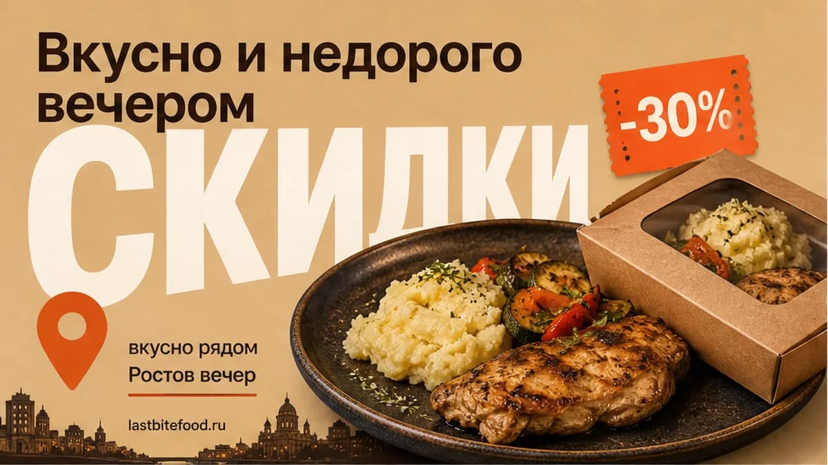 Тарелка с едой и слово СКИДКИ: где вкусно и недорого поесть в Ростове вечером