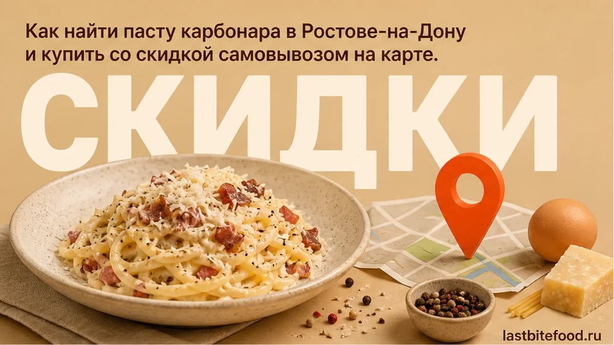 Тарелка карбонары и пин карты на тёплом фоне со словом СКИДКИ: самовывоз в Ростове-на-Дону