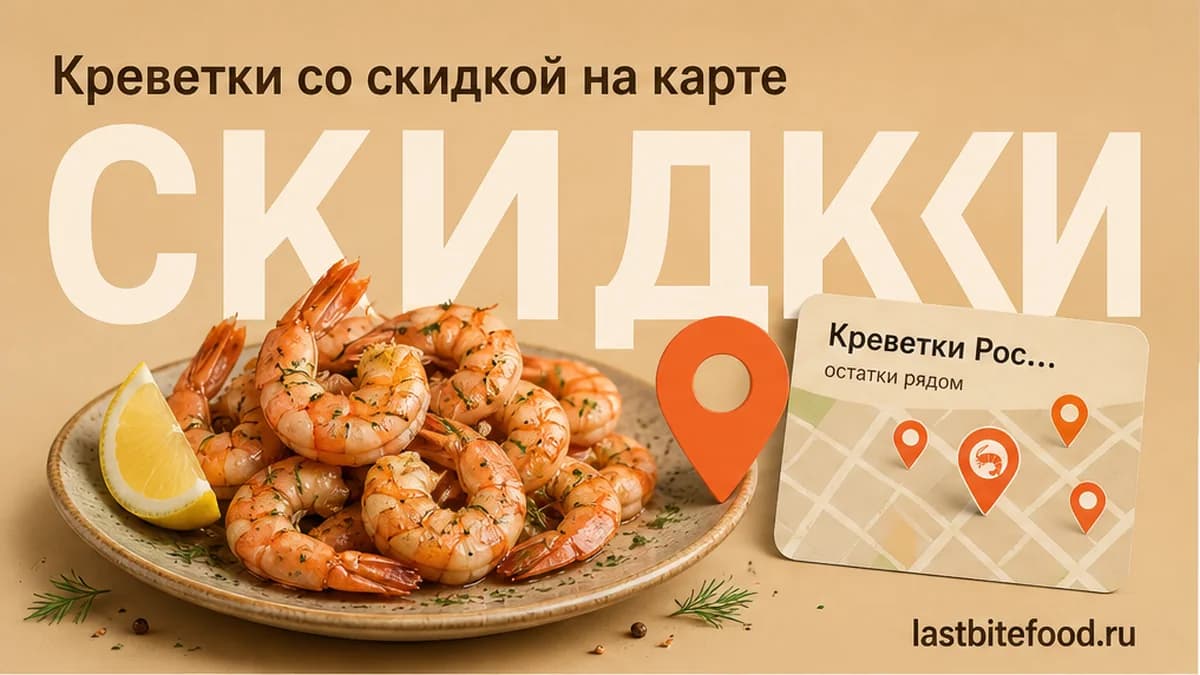 Порция креветок и пин карты на тёплом фоне со словом СКИДКИ: креветки в Ростове-на-Дону со скидкой и самовывозом