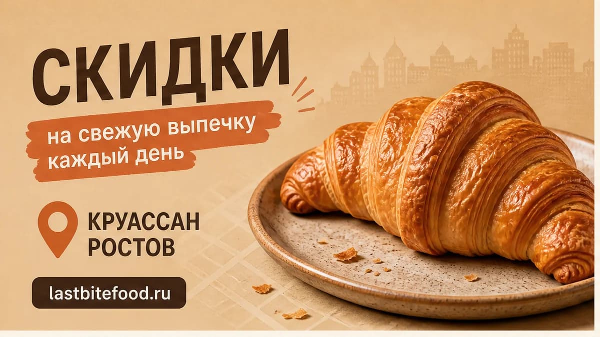 Круассан и пин карты на тёплом фоне со словом СКИДКИ: самовывоз в Ростове-на-Дону
