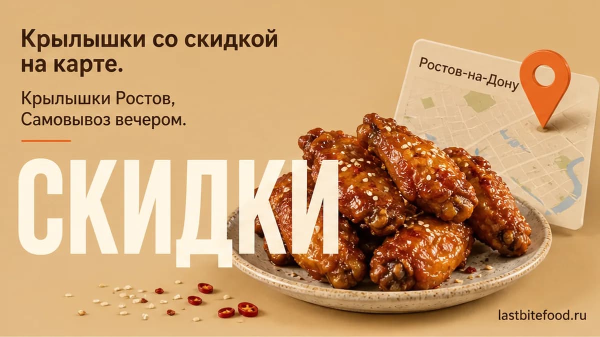 Порция куриных крылышек и пин карты на тёплом фоне со словом СКИДКИ: крылышки в Ростове-на-Дону со скидкой и самовывозом