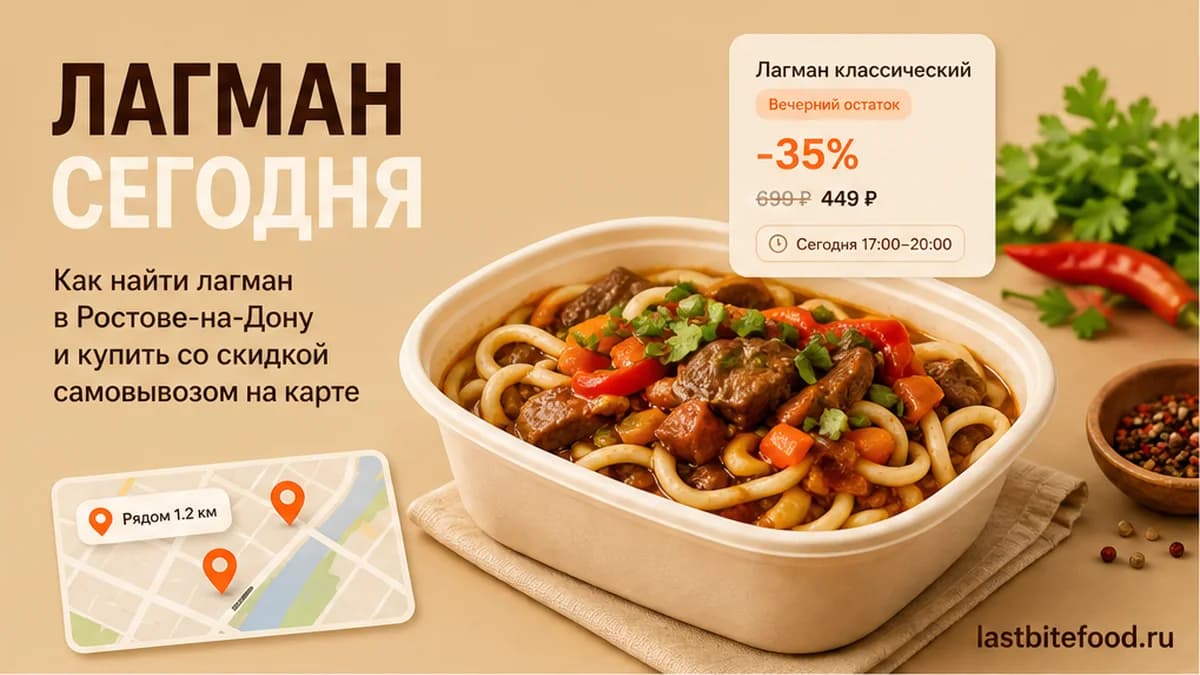 Миска лагмана и пин карты на тёплом фоне со словом СКИДКИ: самовывоз в Ростове-на-Дону
