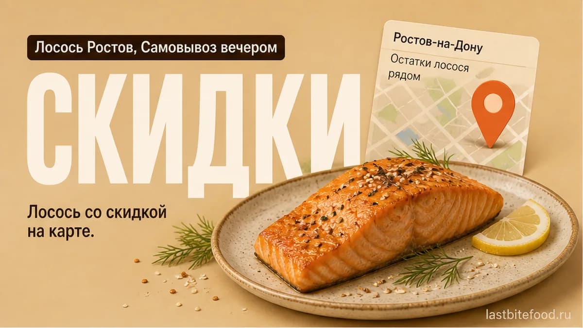 Порция лосося и пин карты на тёплом фоне со словом СКИДКИ: самовывоз в Ростове-на-Дону