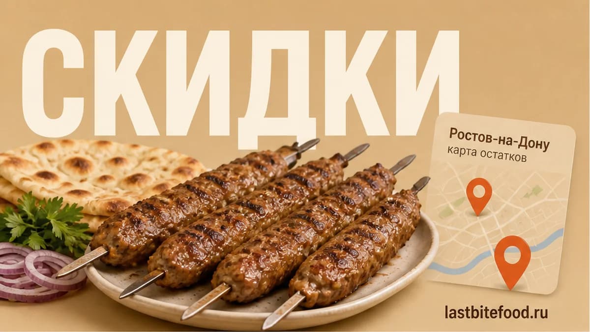 Порция люля-кебаба и пин карты на тёплом фоне со словом СКИДКИ: люля со скидкой в Ростове-на-Дону