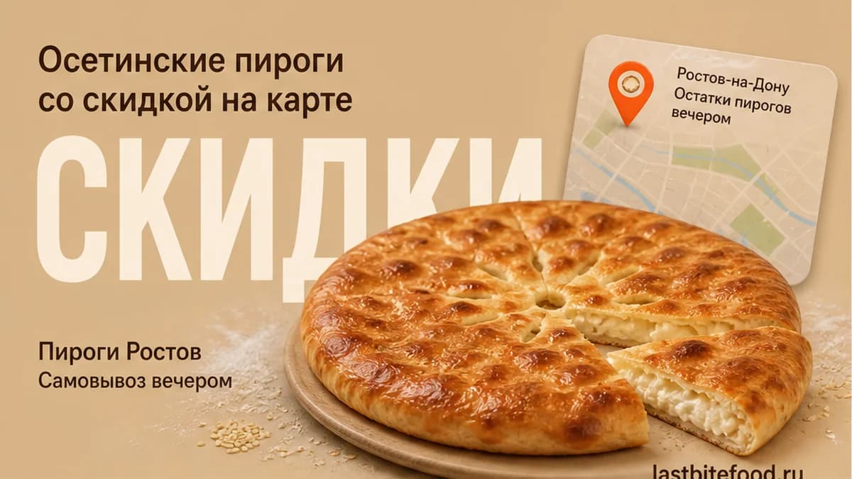 Осетинский пирог и пин карты на тёплом фоне со словом СКИДКИ: осетинские пироги в Ростове-на-Дону со скидкой и самовывозом