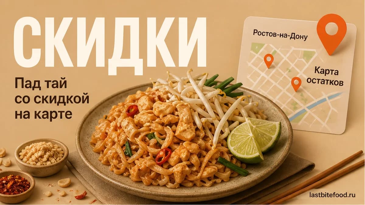 Тарелка пад тай и пин карты на тёплом фоне со словом СКИДКИ: самовывоз в Ростове-на-Дону