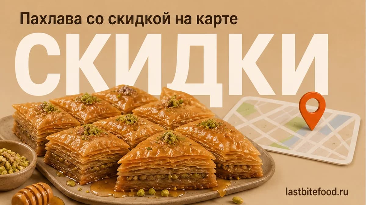 Пахлава и пин карты на тёплом фоне со словом СКИДКИ: самовывоз в Ростове-на-Дону