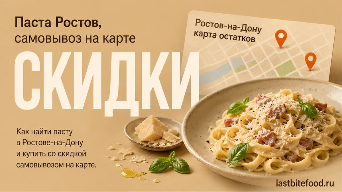 Тарелка пасты и пин карты на тёплом фоне со словом СКИДКИ: самовывоз в Ростове-на-Дону