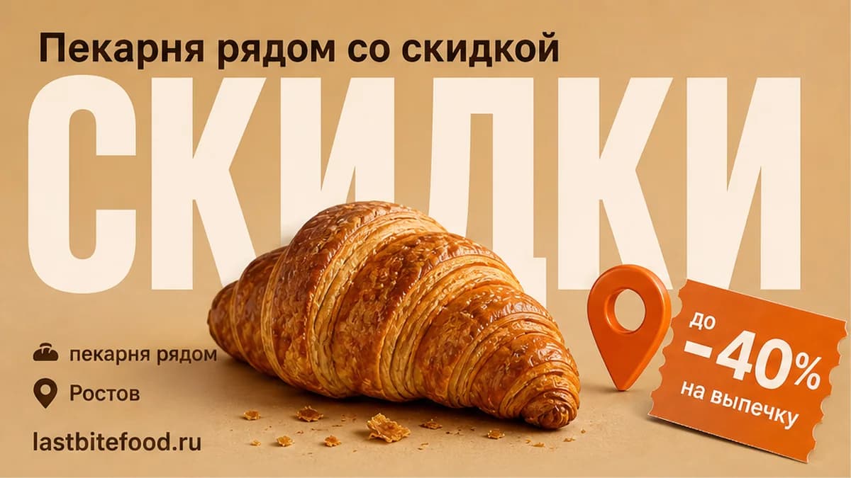 Круассан и пин карты со словом СКИДКИ: пекарня рядом со скидкой в Ростове-на-Дону