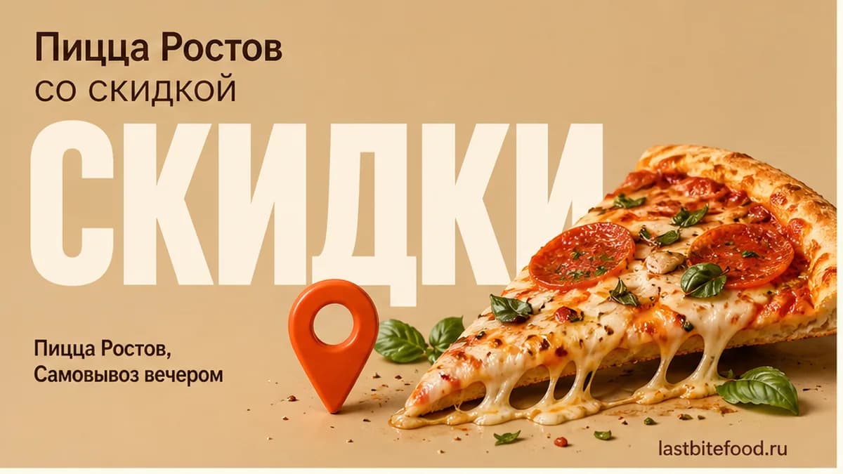 Пицца и пин карты на тёплом фоне со словом СКИДКИ: самовывоз в Ростове-на-Дону